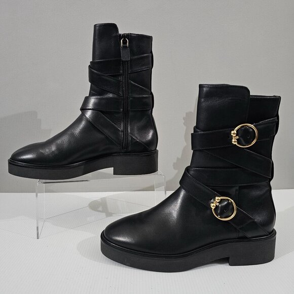 NEW Stuart Weitzman Luxering Moto Boot Womens 7 Black Leather Biker Designer - Picture 2 of 14